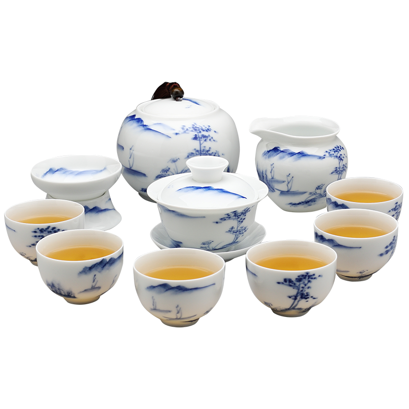 Jingdezhen blue and white porcelain hand - made ceramic kung fu tea set suits for Chinese style household small teapot tea tea cups