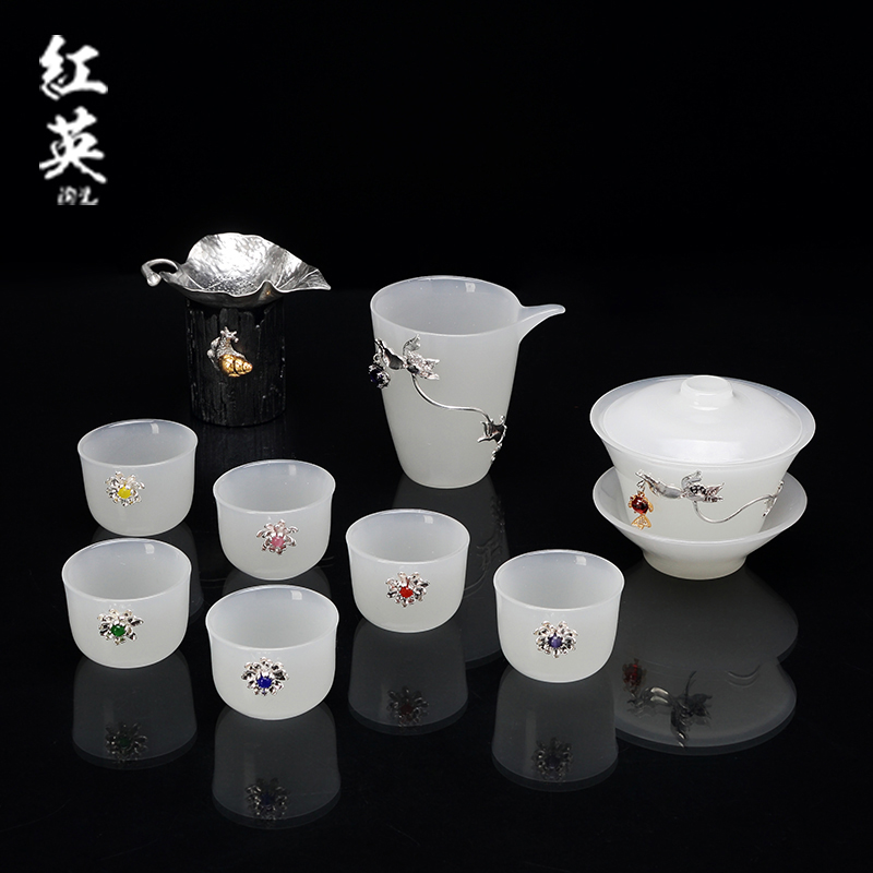 Jingdezhen kung fu tea set suit household contracted tureen Chinese teapot coloured glaze jade white porcelain ceramic cups