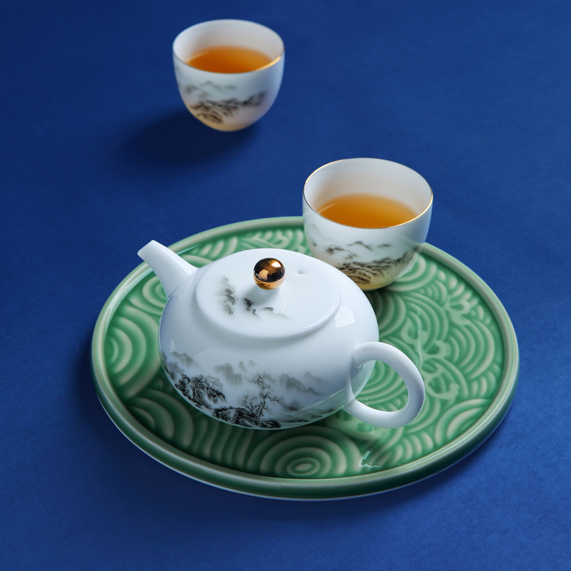 Jingdezhen ceramic kung fu tea set suit household ink small teapot teacup tea tray was Chinese style of a complete set of living room