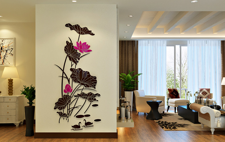 亚克力墙贴3d立体自粘画客厅电视背景墙壁纸卧室春新年荷花装饰品