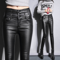 Tide brand real leather pants female autumn and winter new piercing high waist thin and thickened thicker black feet underpants