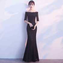Shoulder evening dress 2020 new black sexy fishtail slim body thin Noble elegant banquet dress dress women