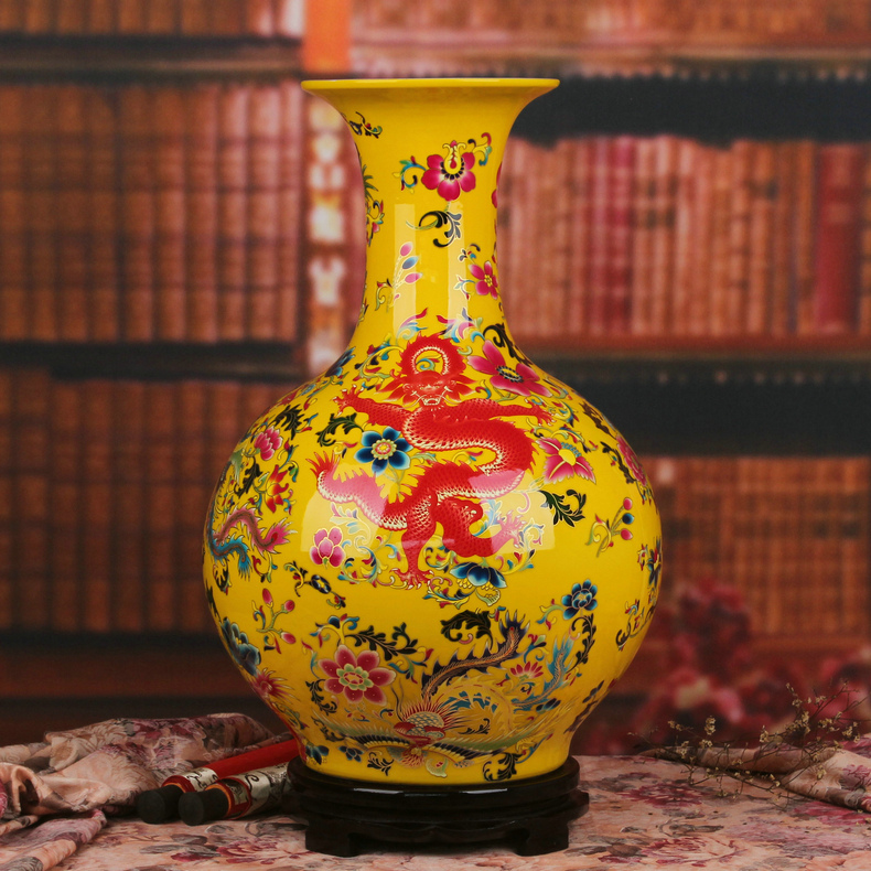 Jingdezhen ceramics glaze in extremely good fortune landing big yellow crystal vase furnishing articles of Chinese style household ornaments