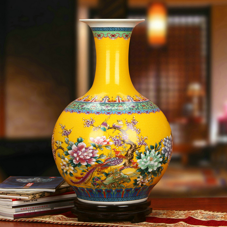 Jingdezhen ceramics Chinese antique yellow phoenix peony flower vases, classical household decorations furnishing articles