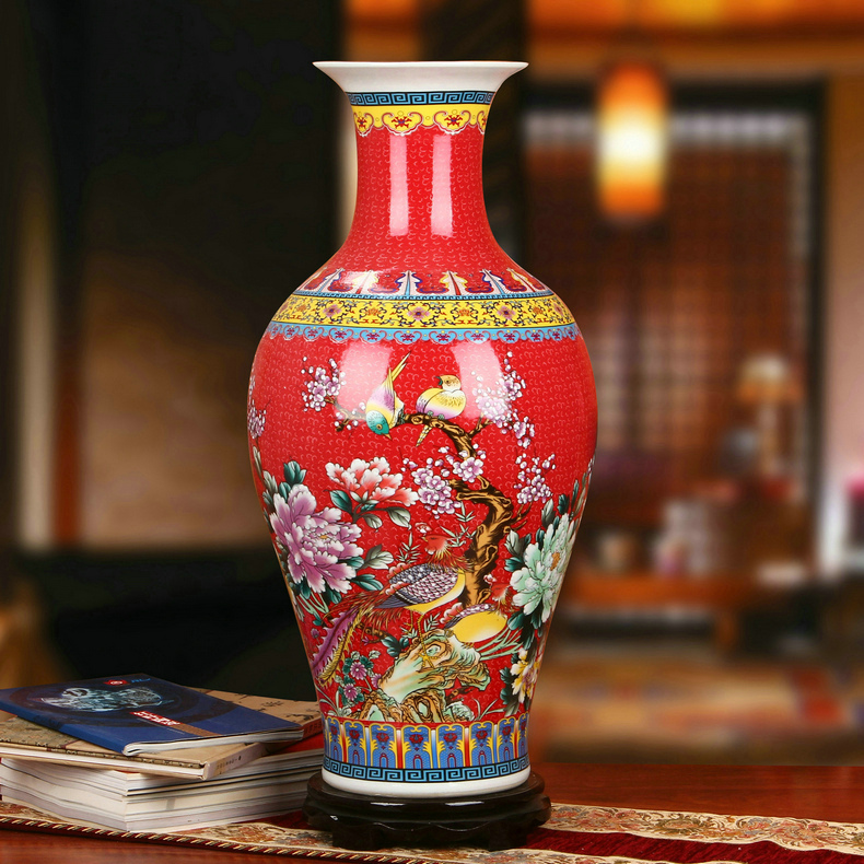 景德镇陶瓷器珐琅彩瓷中国红牡丹凤凰花鸟大花瓶现代家居装饰| 景德镇名瓷在线