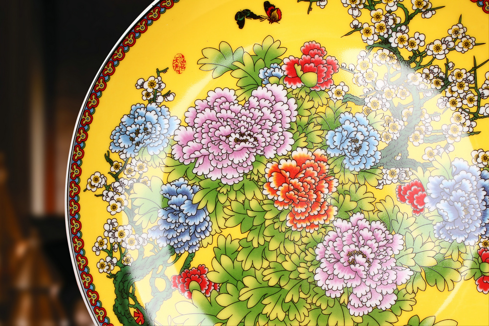 Jingdezhen ceramics enamel see colour yellow peony sit faceplate hang dish modern Chinese style decoration plate furnishing articles