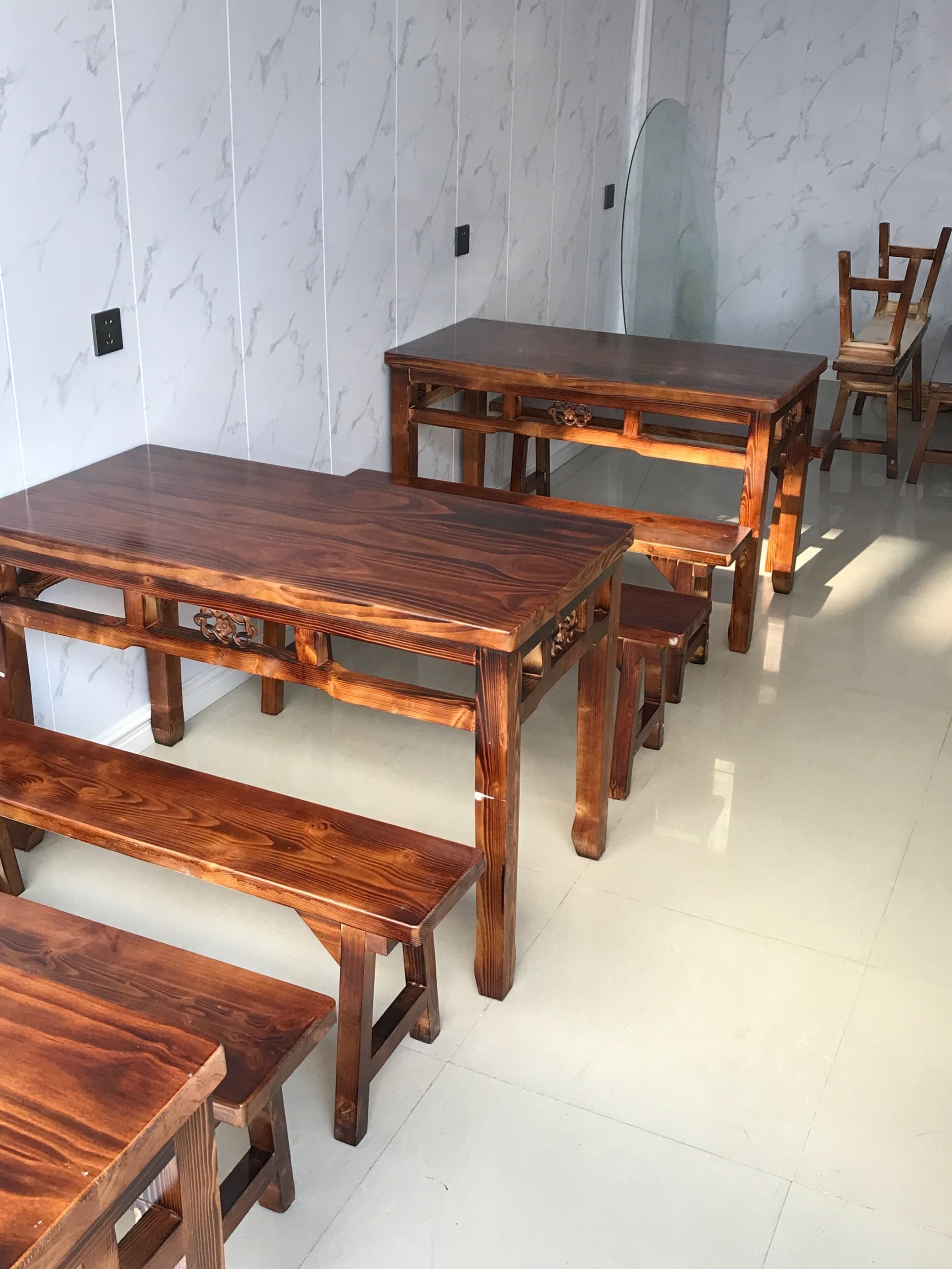 碳化实木饭店餐桌椅组合快餐店小吃餐厅餐馆烧烤面馆排档食堂桌椅