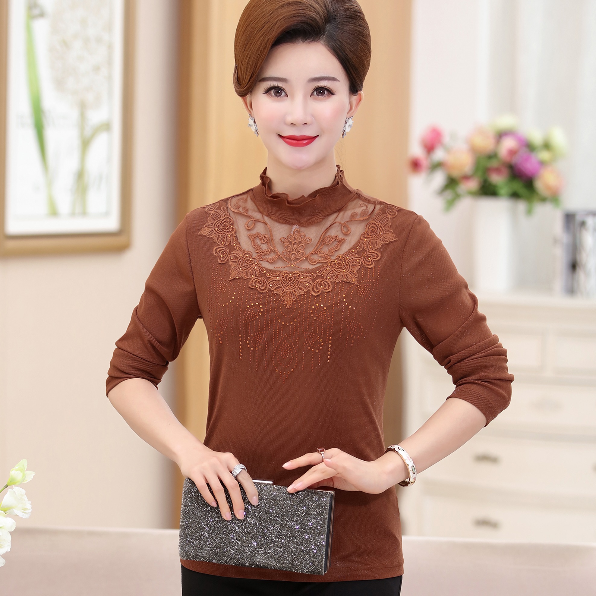 中老年女装春装长袖蕾丝衫 中年妈妈装春秋t恤大码打底衫薄款上衣_7折