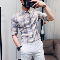 Summer Korean Slim Thin Plaid Half sleeve Shirt Men Tide Youth Leisure Conventional Joker Mid Sleeve Shirt