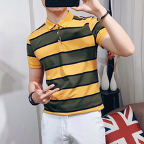 Summer New lapel short sleeve T-shirt men polo shirt slim Korean Youth striped British thin casual top