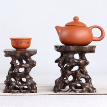 Mahogany carving handicraft ornaments Qishi base Solid wood hollow root carving Jade teapot base Wooden bracket raised