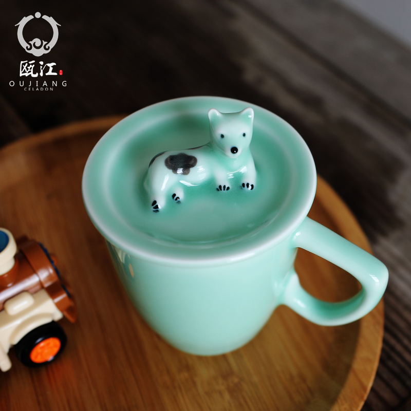 Oujiang longquan celadon teacup with cover glass creative soft stirring office home mark cup sweet milk cup