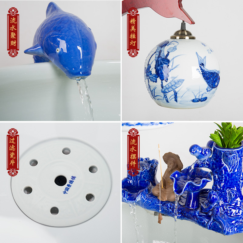 Blue and white porcelain aquarium fish bowl loop filtering large breeding goldfish pond lily sitting room scene in plutus cylinder furnishing articles