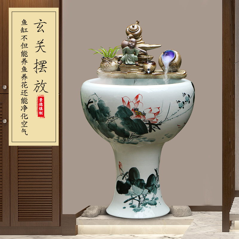 Jingdezhen ceramic floor pillar circulating water tank furnishing articles home sitting room turtle cylinder goldfish bowl cylinder