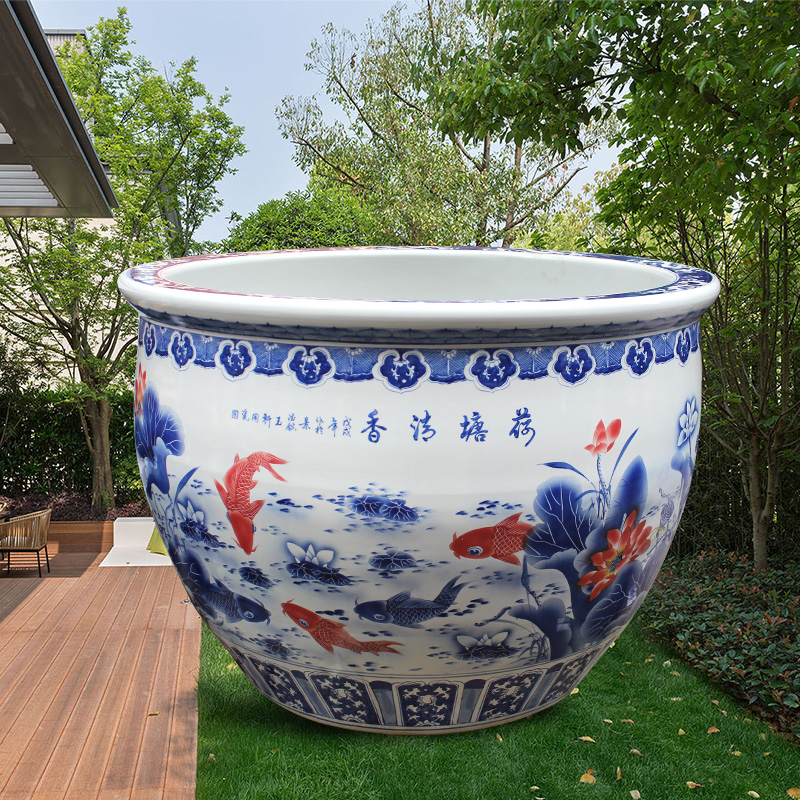 Blue and white porcelain tank 1 meter big basin of water tanks porcelain jar water lily lotus bowl lotus cylinder cylinder tortoise courtyard