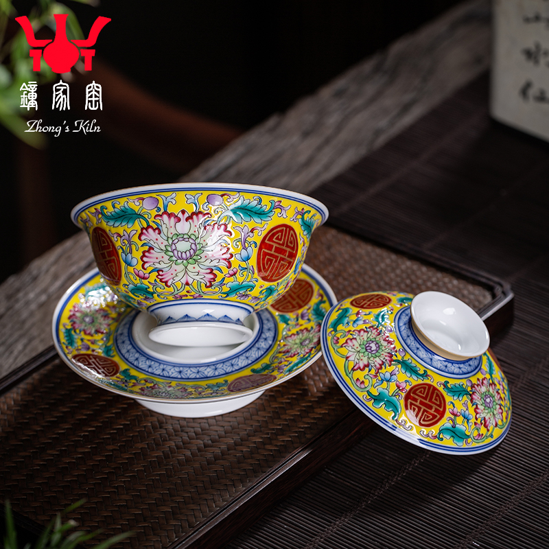Clock at jingdezhen up tureen single hand, hand draw colored enamel high - end kung fu tea set three bowl of the big cups