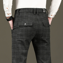 Spring checkered pants loose straight drum trendy youth 100 lap Inn men pants cotton linen pants men casual pants handsome