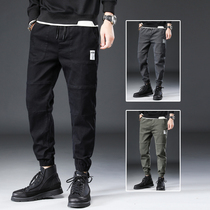 Autumn black tooling trousers jeans men drawstring tie pants loose waist trend Joker autumn and winter