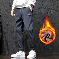Autumn and winter fleece mens trousers tooling straight casual trousers mens thick outer wear loose tight tide brand pants all-match