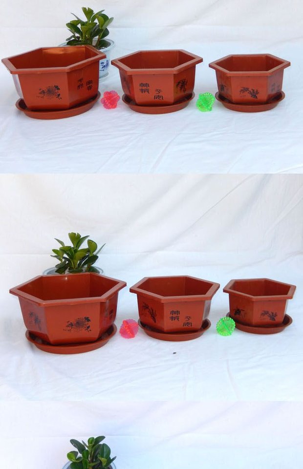 批发包邮塑料花盆塑料六角花盆加厚红白大号花盆种花种菜花盘托盘