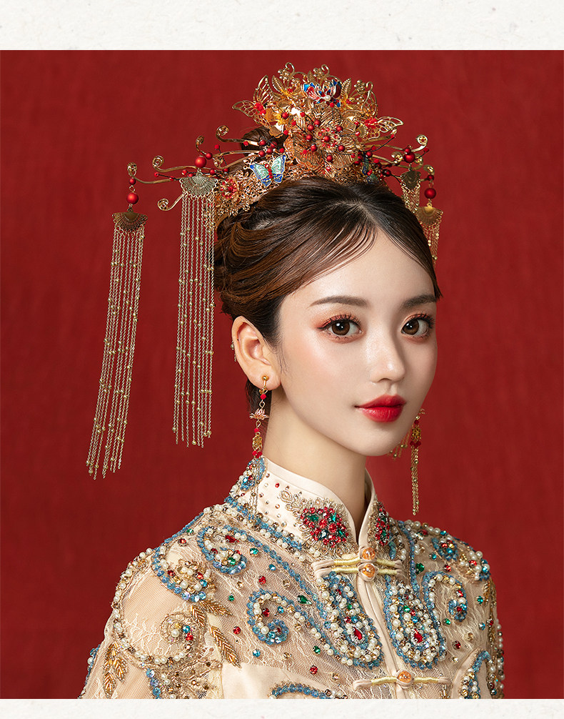 新娘秀禾头饰中式新款皇后古代凤冠大气蓝色秀禾服结婚发饰女