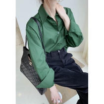 2022 Autumn Loaded Beauty to CRY UK Green Lining Brief Retro Pure Color Temperament Shirt Woman Long Sleeve Cotton Blouse