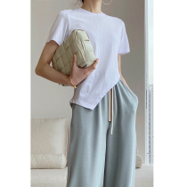 2021 summer new minimalist staggered irregular cut cotton T-shirt womens short round neck INS short sleeve top