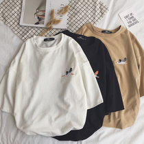 ins Tide brand embroidered shirt mens short sleeve T-shirt men Korean version of hipster half sleeve base shirt harbor style fashion clothes