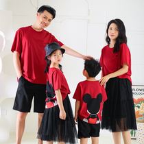 2022 Summer clothes the new family of three quits four-mouth pro-sub-fashion red cartoon T foreign mother and mother female dress suit
