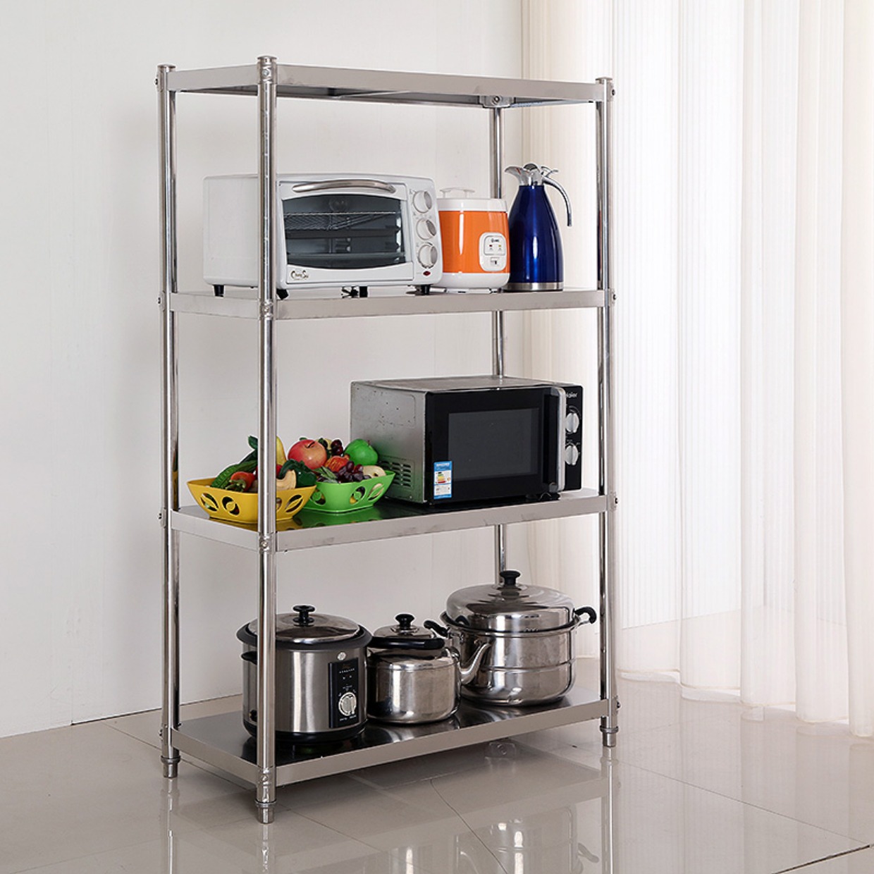 厨房置物架4层微波炉架子不锈钢四层家用锅架落地多层收纳整理架