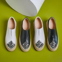 Thick bottom muffin shoes women 2022 spring new genuine leather straw choreography with single shoe water drill heels with a foot pedal sloth shoe