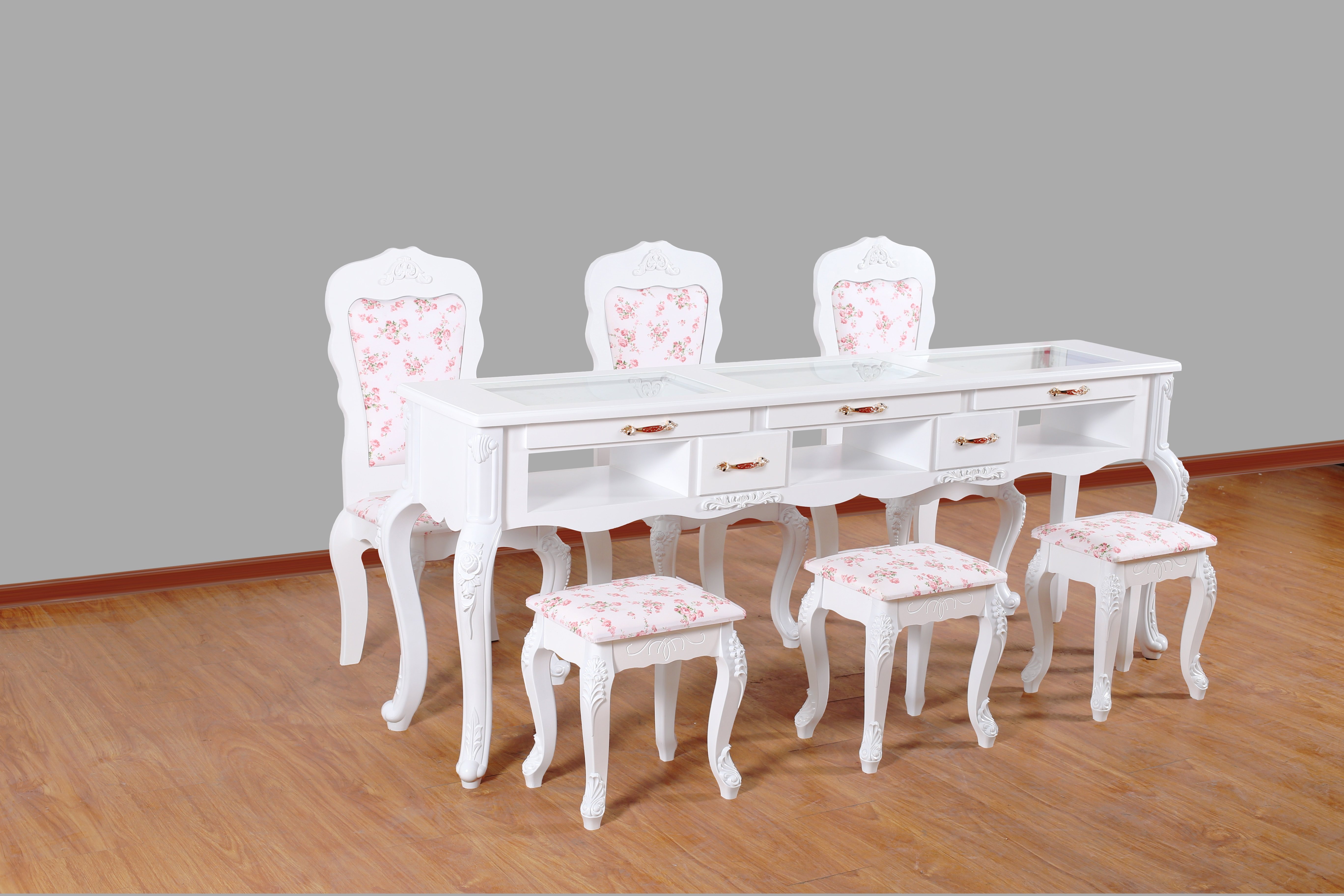 欧式美甲桌单人双人美甲台三人修甲台白色烤漆桌椅套装指甲桌