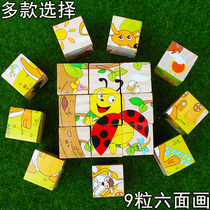 Wooden six-sided painting 9 3D three-dimensional puzzle building blocks Baby Kindergarten childrens gift educational toys 3-6 years old