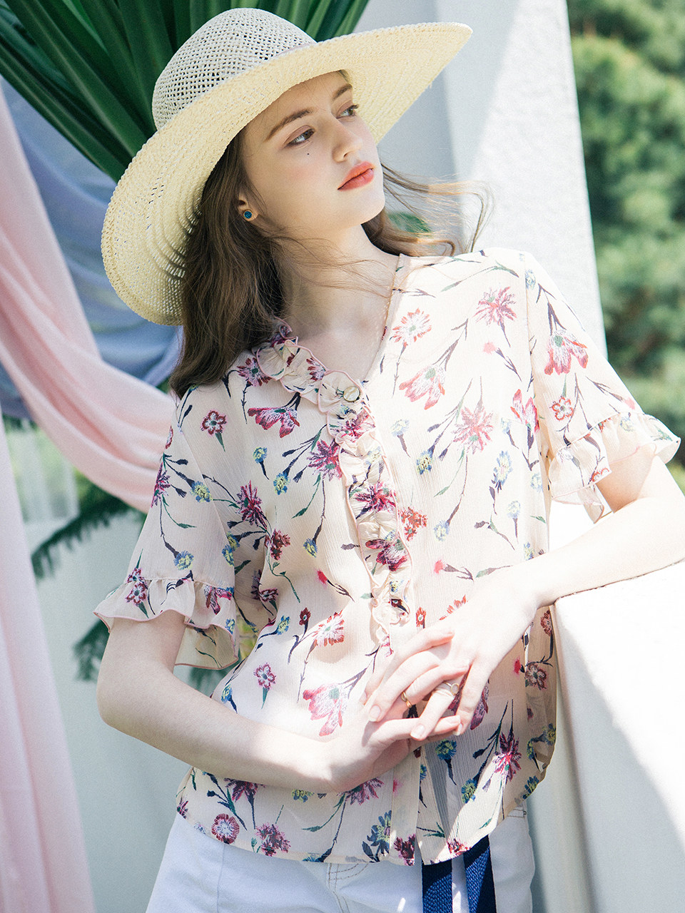 包邮韩国直邮正品代购hackesch17夏款百搭透视碎花雪纺衫短袖罩衫_不