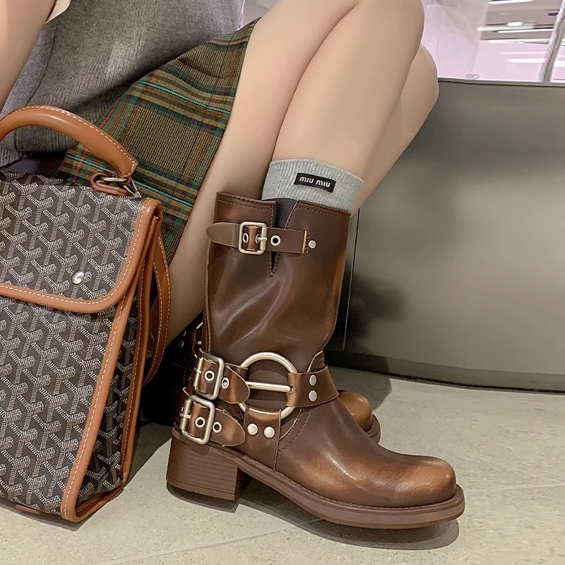 miu home genuine leather western cowboy boots child long cylinder boot strap buckle square head coarse heel short boot sleeves rider boots lady-Taobao