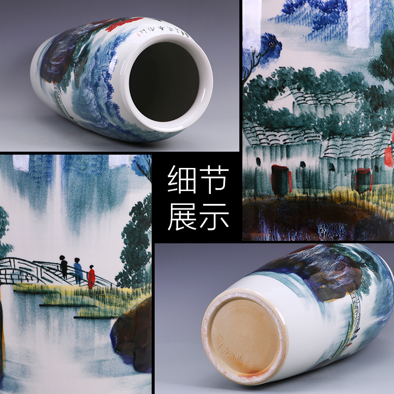 Jingdezhen ceramics hand - made jiangnan spring scenery large quiver ground vase sitting room adornment of Chinese style household furnishing articles