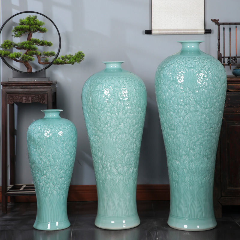 Jingdezhen ceramics craft blue glaze anaglyph large vase landed furnishing articles of new Chinese style home sitting room adornment