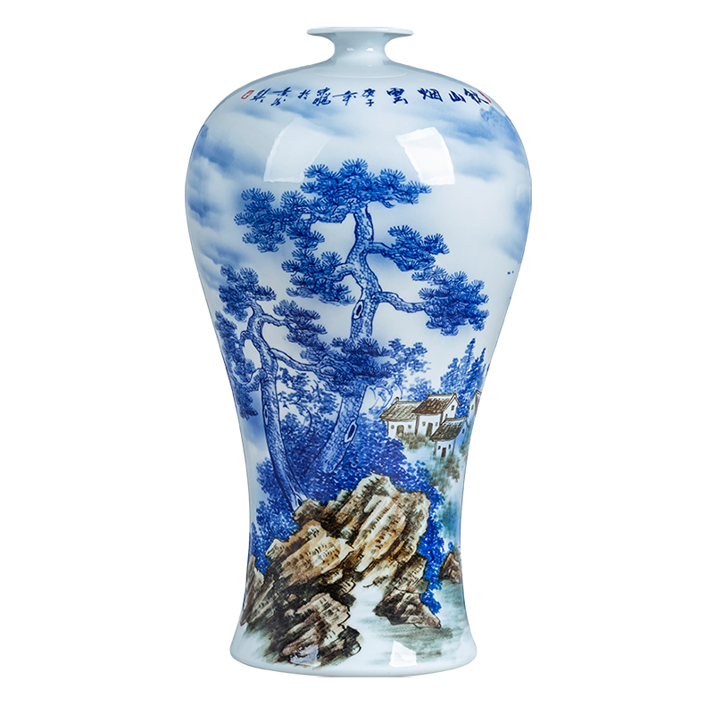 Jingdezhen ceramics painting large name plum bottle blue and white porcelain vase painting flower arranging place, Chinese style household ornaments