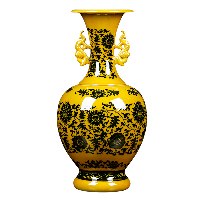 Jingdezhen ceramics yellow glaze ears vase archaize open piece of flower arranging new Chinese style household furnishing articles sitting room adornment