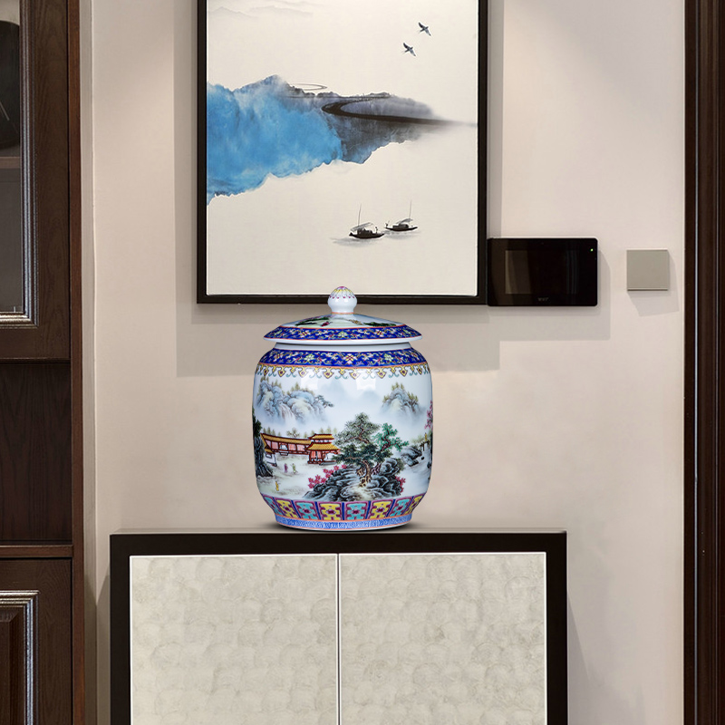 Jingdezhen ceramics colored enamel Chinese style household mouldproof moistureproof landscape scattered tea storage tanks receive a small pot