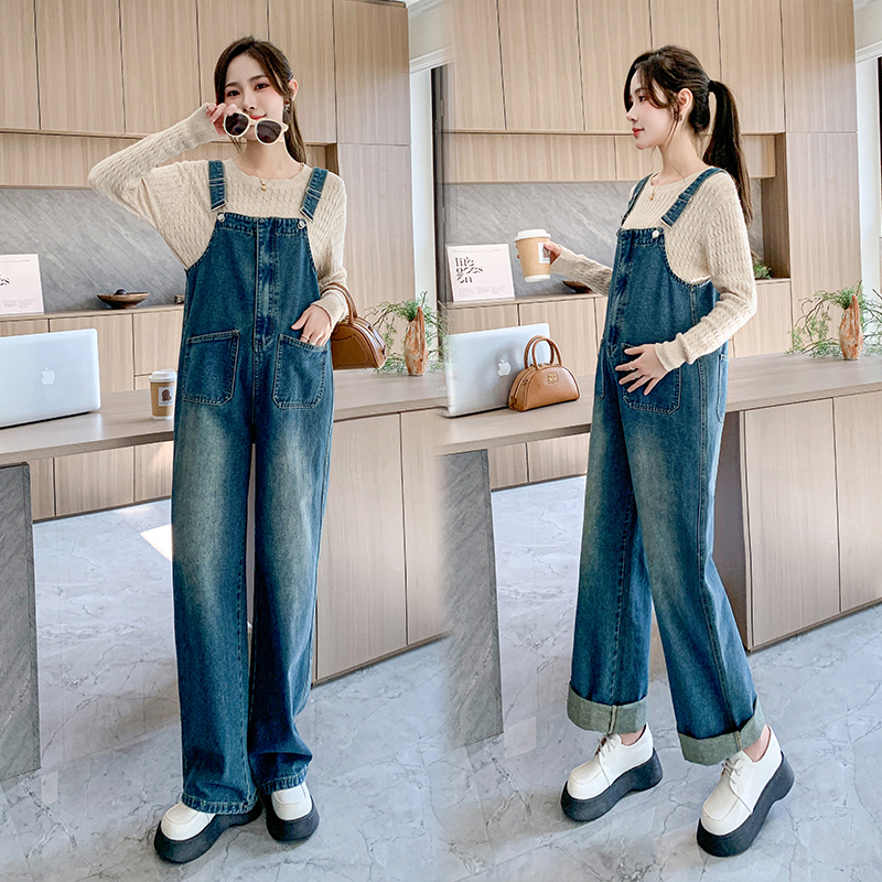 Han Edition Loose-skinny pregnant woman's pants Chauma go out for leisure 100 Lap Design Sense Denim Harness Long Pants Spring Autumn Dress-Taobao