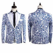 Performance Singer Bar Wedding Flower Pattern Blue Western Suit Mens Suit Mens Body Groom Wedding Gown Cyan