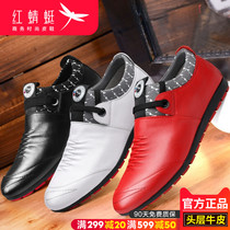 Red Dragonfly mens casual leather shoes summer leather tide shoes Korean version of the trend of wild shoes mens soft bottom wild mens shoes