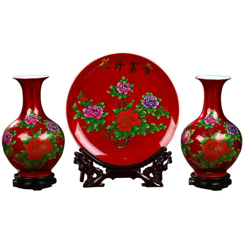 Jingdezhen ceramics vase three - piece yellow peony flower arranging Chinese style household, sitting room adornment handicraft furnishing articles