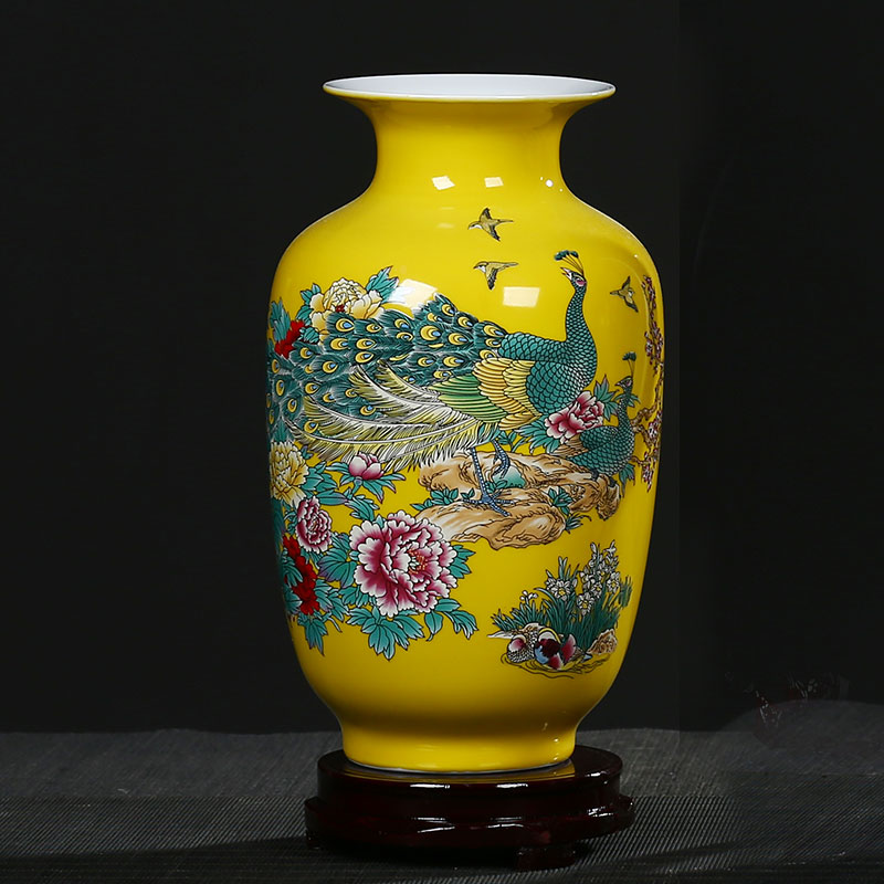 Ceramic vase three - piece furnishing articles jingdezhen porcelain of yellow peacock I household adornment flower arrangement sitting room