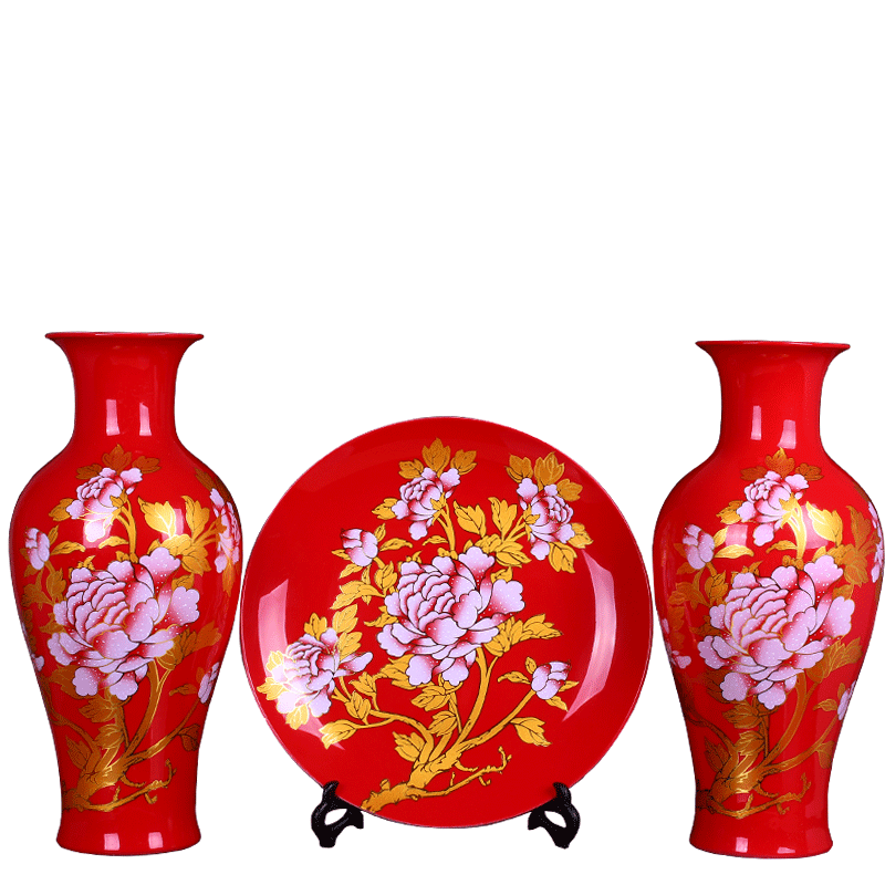 Jingdezhen ceramics China red every year for wining a three - piece vases, hang dish sitting room home furnishing articles