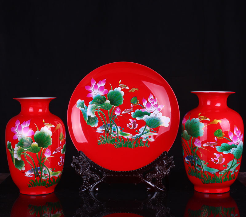Jingdezhen ceramics glaze crystal lotus three - piece suit modern fashion vase plates home handicraft furnishing articles
