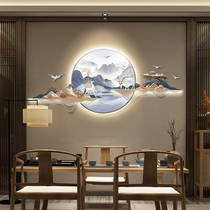 New Chinese living room decorative painting with lamp 3D three-dimensional relief mural sofa background wall light luxury restaurant round hanging painting