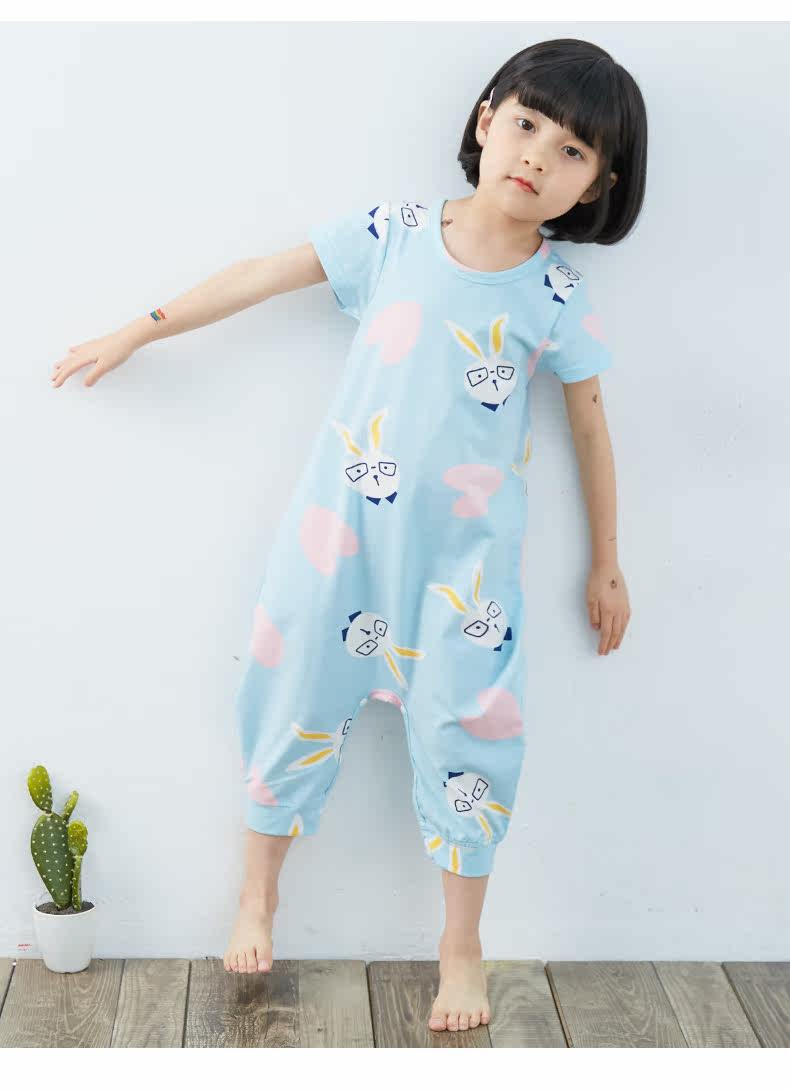 上宝麦夏季儿童连体睡衣短袖纯棉薄男女童连体睡衣家居服可爱动物