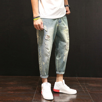 Breaking hole jeans mens ankle-length pants loose summer thin pants men 2021 new small feet tide summer light color 9 points